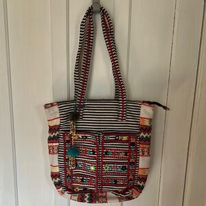 Red and Black Ethnic-Inspired Tote Bag with Geometric Patterns